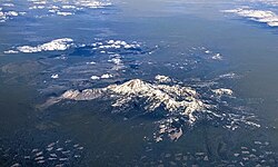 Aerial view of Mount Lassen with snow, early May 2018