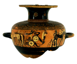 The fight of Achilles and Memnon, in the presence of their mothers Thetis and Eos, late Corinthian Black-Figure hydria, circa 575-550 BC, now in the Walters Art Museum.