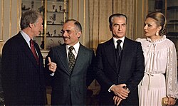 Mohammad Reza Shah and Shahbanu Farah Pahlavi of Iran with US President Jimmy Carter and King Hussein of Jordan in 1977