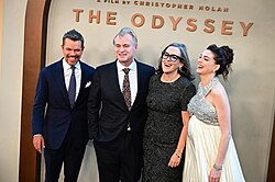 Picture of Matt Damon, Christopher Nolan, Emma Thomas, and Anne Hathaway at the premiere of The Odyssey in New York