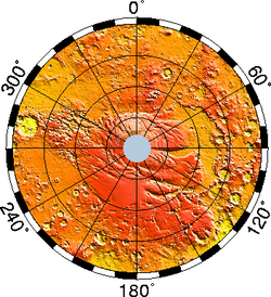 Elevation map of the south pole. Note how Planum Australe rises above the surrounding cratered terrain. Click to enlarge and for more info.