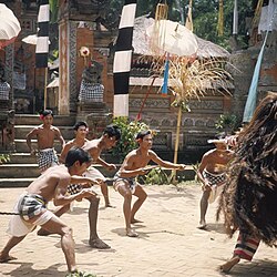 Barong dance performance with kris-wielding dancers and Rangda in Bali
