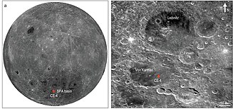 Chang'e 4 landing zone location on the far side of the Moon, which is not visible from Earth due to tidal locking.
