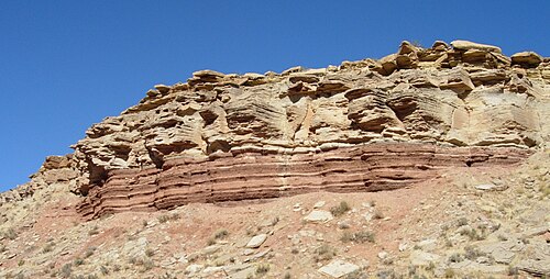 Middle Triassic marginal marine sequence of siltstones (reddish layers at the cliff base) and limestones (brown rocks above), Virgin Formation, southwestern Utah, U.S.