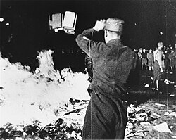 Nazi youth brigades burning "un-German" works by Jewish and left-wing authors at the library of the Institut für Sexualwissenschaft, 1933[1]