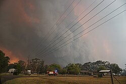 Fire crews move in to protect properties from an out-of-control bushfire in South West Sydney