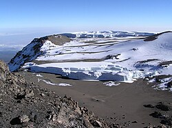 Furtwängler Glacier atop Kilimanjaro in the foreground and snowfields and the Northern Icefields beyond