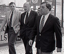 Menino walking in the Roslindale neighborhood with Mayor Flynn and New York City Mayor Ed Koch in 1986