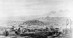 Santa Fe in 1846, then a Mexican territorial capital, approaching the onset of the Mexican-American War