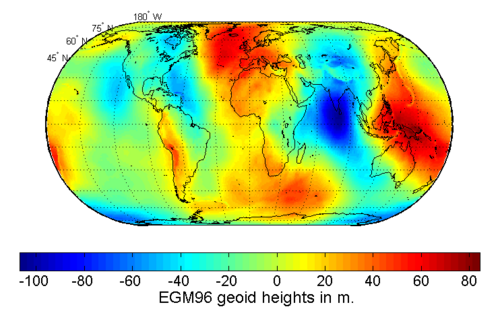 Map of the undulation of the geoid in meters (based on the EGM96 gravity model and the WGS84 reference ellipsoid).[1]
