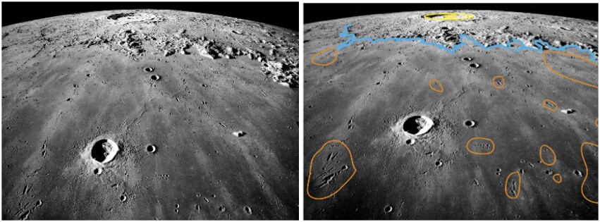From the impact that formed Copernicus (upper center, yellow), ejecta blanketed the surrounding area. Blue denotes the outline of the ejecta deposit; secondary craters and crater chains are orange.