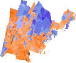 2020 Democratic primary results by precinct: Bowman 30–40% 40–50% 50–60% 60–70% 70–80% 80–90% 90–100% Engel 40–50% 50–60% 60–70% 70–80% 80–90% 90–100% Tie 40–50% Tie 50% Tie No votes Interactive map version