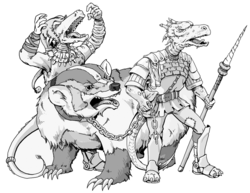 A drawing of kobolds, reptilian humanoid beings that appear in Dungeons & Dragons
