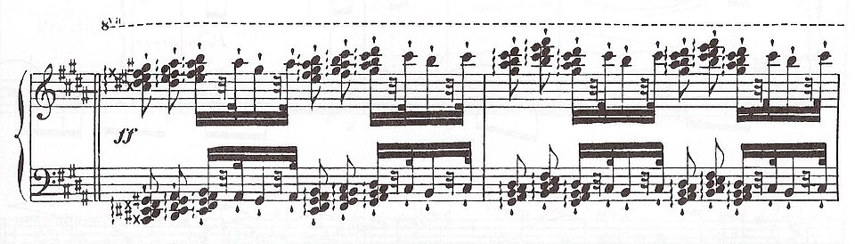 Extract from Alkan's Les diablotins, Op. 63, no. 45, featuring tone clusters