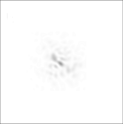 Simulated negative image showing what a single (point-like) star would look like through a ground-based telescope with a diameter of 7r0, on the same angular scale as the 2r0 image above. The atmosphere makes the image break up into several blobs (speckles). The speckles move around very rapidly, so that in a long-exposure photograph the star would appear as a single blurred blob.