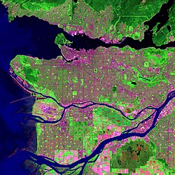Landsat false color image highlighting developed areas in pink in Vancouver, British Columbia, Canada