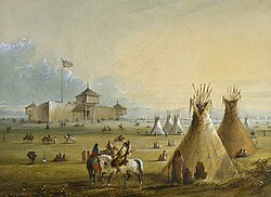 Fort William, the first Fort Laramie, as it looked prior to 1840. Painting from memory by Alfred Jacob Miller