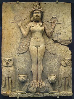 The Burney Plaque, also known as Queen of the Night, most probably represents the goddess Ereshkigal.[22] British Museum, London.