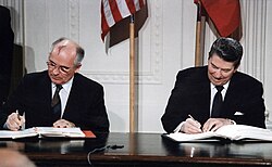 Soviet General Secretary Gorbachev and US President Reagan signing the INF Treaty in 1987