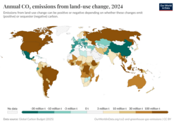 Annual CO2 emissions from land-use change in 2024. Emissions from land-use change can be positive or negative depending on whether these changes emit (positive, brown on the map) or sequester (negative) carbon (green on the map).