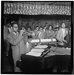 Gillespie (left), with John Lewis, Cecil Payne, Miles Davis, and Ray Brown, between 1946 and 1948