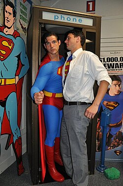 The character Superman is commonly depicted using phone booths to change from his secret identity of Clark Kent.