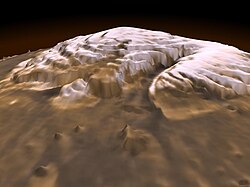 Mars Orbital Laser Altimeter (MOLA) derived image of Planum Boreum. Vertical exaggeration is extreme. Note that residual ice cap is only the thin veneer (shown in white) on top of the plateau.