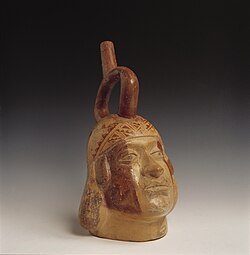 Moche ceramic vessel depicting a man wearing a turban. Larco Museum, Peru