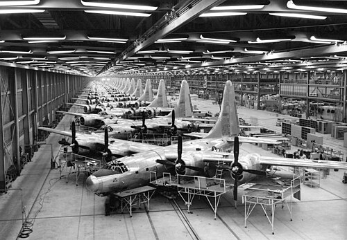Mass production of Consolidated B-32 Dominator airplanes at Consolidated Aircraft Plant No. 4, near Fort Worth, Texas, during World War II
