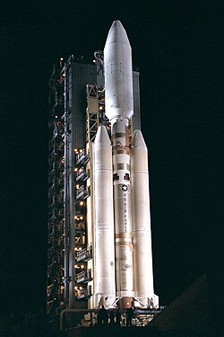 A Titan IV-B rocket and Centaur-T upper stage with the Cassini–Huygens payload at LC-40, three days before its 15 October 1997 launch