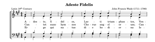 Hymn-style arrangement of "Adeste Fideles" in standard two-staff format (bass staff and treble staff) for mixed voicesDuration: 12 seconds.0:12