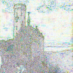 This image shows the (accentuated) difference between an image saved as JPEG 2000 (quality 50%) and the original.