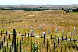 Marker indicating where Custer fell on "Last Stand Hill" during Battle of the Little Bighorn – Crow Agency, Montana