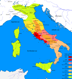 Roman expansion in Italy from 500 BC to 218 BC through the Latin War (light red), Samnite Wars (pink/orange), Pyrrhic War (beige), and First and Second Punic War (yellow and green). Cisalpine Gaul (238-146 BC) and Alpine valleys (16-7 BC) were later added. The Roman Republic in 500 BC is marked with dark red.