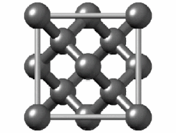 The diamond-cubic structure, a giant covalent structure adopted by carbon (as diamond), as well as by silicon, germanium, and (grey) tin, all in group 14.(In grey tin, the band gap vanishes and metallization occurs.[149] Tin has another allotrope, white tin, whose structure is even more metallic.)