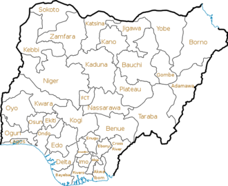 A map of the Federal Republic of Nigeria, showing its 36 states and the Federal Capital Territory