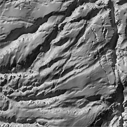 A close-up view of Enceladus's ridges