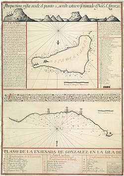 Early European drawing of moai, in the lower half of a 1770 Spanish map of Easter Island; the original manuscript maps of the Spanish expedition are in Naval Museum of Madrid and in The Jack Daulton Collection, US.
