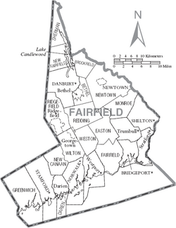 Map of Fairfield County, Connecticut showing cities, boroughs, towns, and CDPs