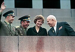 From left to right: Yuri Gagarin, Pavel Popovich, Valentina Tereshkova, and Nikita Khrushchev at Lenin's Mausoleum in 1963