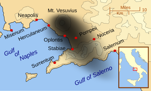 Stabiae and other cities affected by the eruption of Mount Vesuvius. The black cloud represents the general distribution of ash and cinder. Modern coast lines are shown.