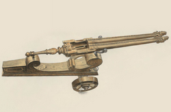 A double-barrelled cetbang on a carriage, with swivel yoke, c. 1522. The mouth of the cannon is in the shape of Javanese Nāga.