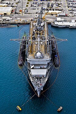 Emory S. Land tending USS Chicago and USS Pasadena at Guam, in 2017.