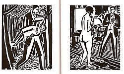 Two panels from wordless novel.  On the left, a man carries a woman through the woods.  On the right, a man looks at a nude in a studio.