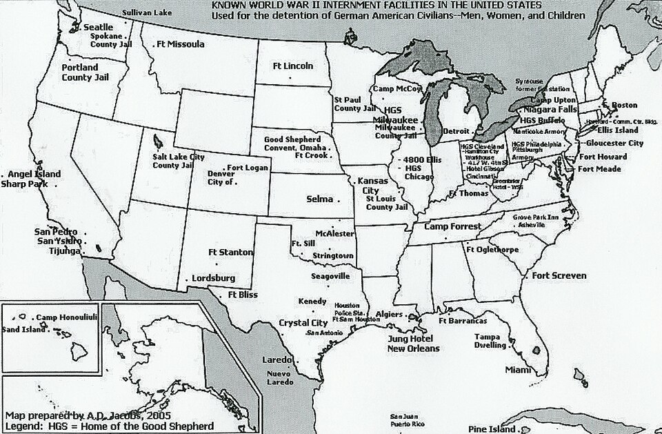 Map of German American internment sites in WWII