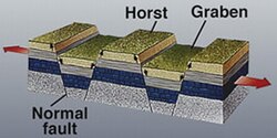 Graben are formed by extensional stresses (red arrows) in the crust. Graben consist of flat-floored valleys bound by opposite-facing normal faults, and are often separated by upland blocks called horsts.