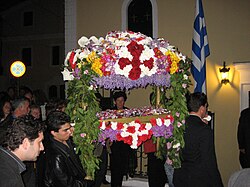 The Epitaphios being carried in procession in a church in Greece