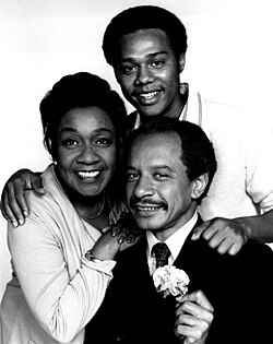 Cast of The Jeffersons, clockwise from top: Mike Evans, Sherman Hemsley, and Isabel Sanford (1975)