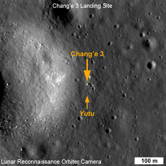 LRO close-up image taken on 25 December 2013. The lander (large arrow) and rover (small arrow) can be seen.