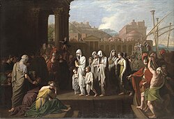 Benjamin West, Agrippina Landing at Brundisium with the Ashes of Germanicus (1768), oil on canvas. Yale University Art Gallery, New Haven.[29]
